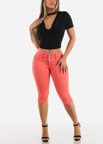 Image of MX JEANS Butt Lifting Braided Pockets Coral Capris
