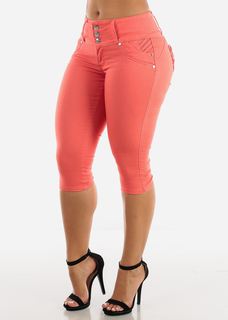 MX JEANS Butt Lifting Braided Pockets Coral Capris