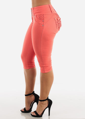 Image of MX JEANS Butt Lifting Braided Pockets Coral Capris