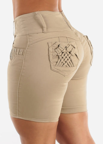 Image of MX JEANS Khaki Butt Lift Mid Thigh Shorts