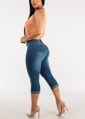 Image of Mid Rise Butt Lifting Cuffed Denim Capris Med Wash