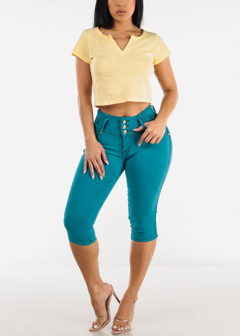 Image of Mid Rise Butt Lifting Teal Denim Capris