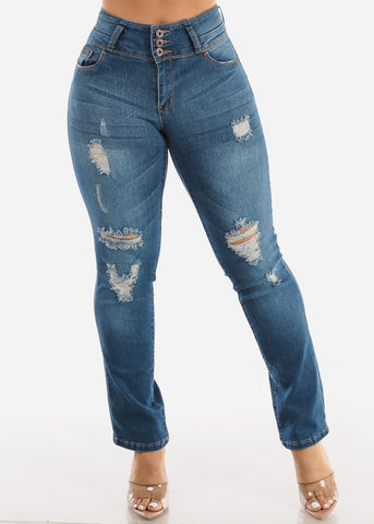 Image of Blue Levantacola Mid Rise Ripped Straight Leg Jeans