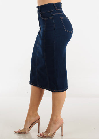 Image of High Waist Dark Blue Denim Midi Pencil skirt