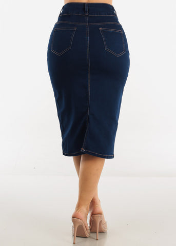 Image of High Waist Dark Blue Denim Midi Pencil skirt