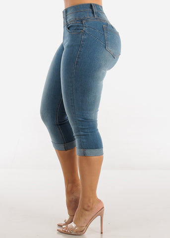 Image of Butt Lifting Mid Rise Cuffed Denim Capris Med Wash