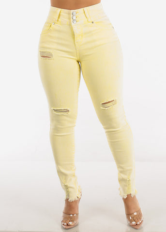 Image of Butt Lifting Acid Wash Distressed Skinny Jeans Yellow