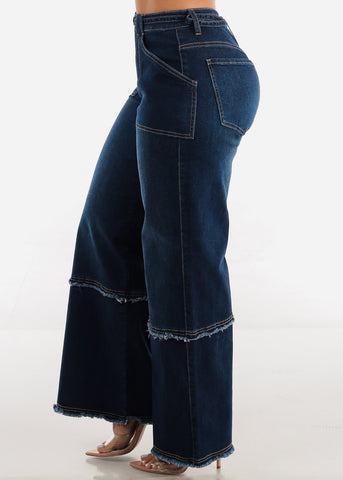 Image of Fringed Stretch Wide Leg Utility Jeans Dark Wash w Belt