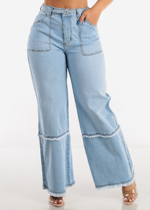 Fringed Stretch Wide Leg Utility Jeans Light Wash w Belt