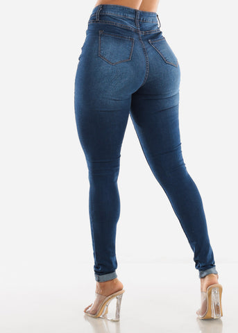 Image of High Rise Skinny Stretchy Jeans Stretchy Cuffed Hem
