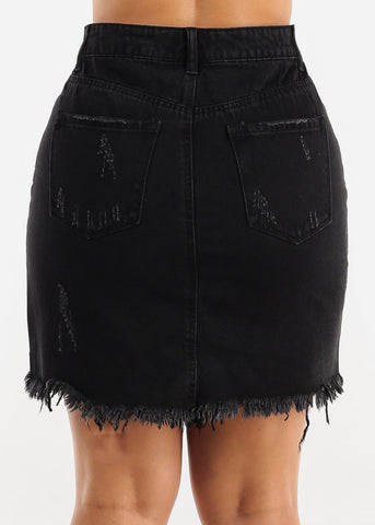 Image of Distressed Black Cotton Denim Mini Skirt
