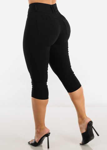 Image of High Waisted Hyper Stretch Butt Lifting Capris Black