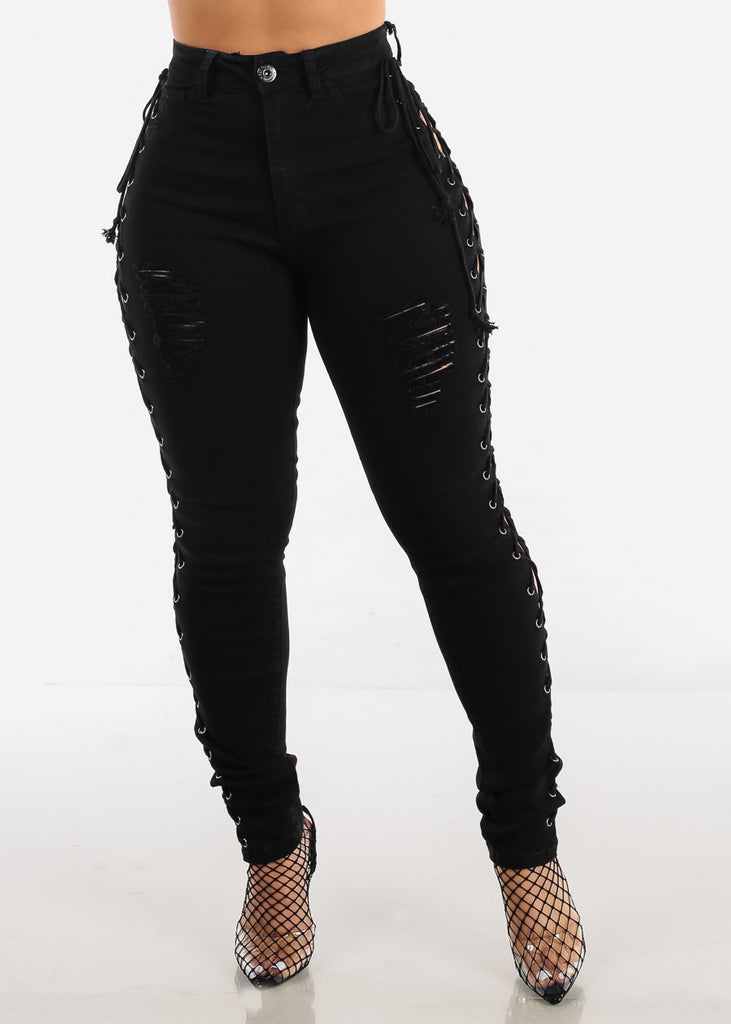 Distressed Black Skinny Jeans with Lace Up Sides