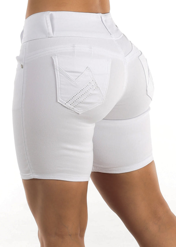 Mid Rise Butt Lifting Mid Thigh Denim Shorts White
