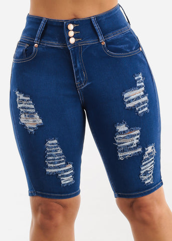 Image of Butt Lifting Distressed High Waist Royal Blue Bermuda Shorts