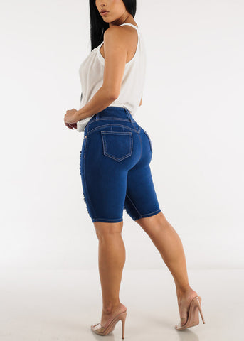 Image of Butt Lifting Distressed High Waist Royal Blue Bermuda Shorts