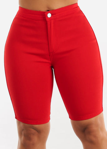 Image of Red High Waist Hyper Stretch Bermuda Shorts