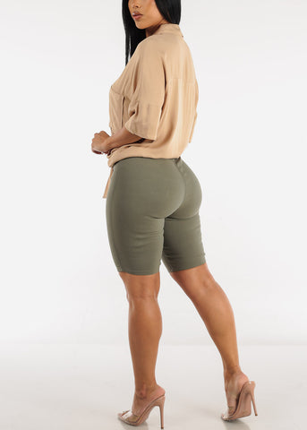 Image of High Waist Hyper Stretch Bermuda Shorts Light Olive