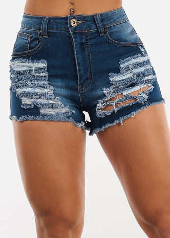 Image of High Waist Double Sided Ripped Denim Shorts Med Blue