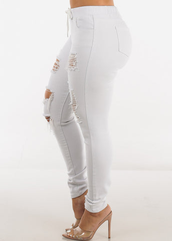 Image of White Drawstring Waist Distressed Denim Skinny Jeans