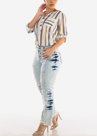 Image of Button Up Distressed Acid Wash Straight Leg Jeans