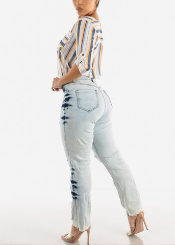 Image of Button Up Distressed Acid Wash Straight Leg Jeans