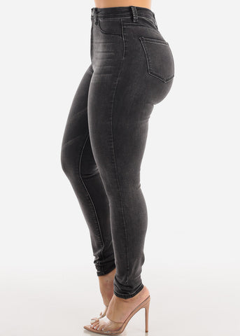Image of Classic 1 Button Super High Waisted Black Wash Skinny Jeans