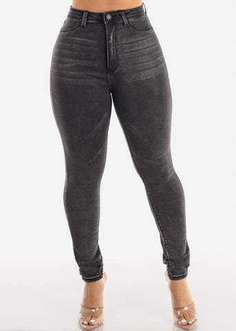 Image of Classic 1 Button Super High Waisted Black Wash Skinny Jeans