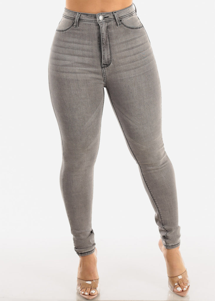 Classic 1 Button Super High Waisted Skinny Jeans Grey Wash