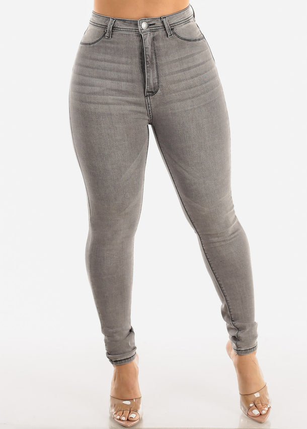 Classic 1 Button Super High Waisted Skinny Jeans Grey Wash