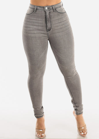Image of Classic 1 Button Super High Waisted Skinny Jeans Grey Wash