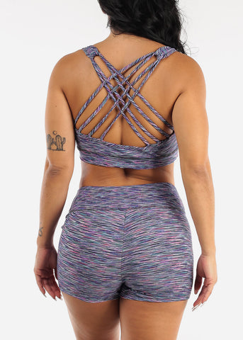 Image of Strappy Sports Bra & Mid Rise Shorts Multicolor (2 PCE SET)