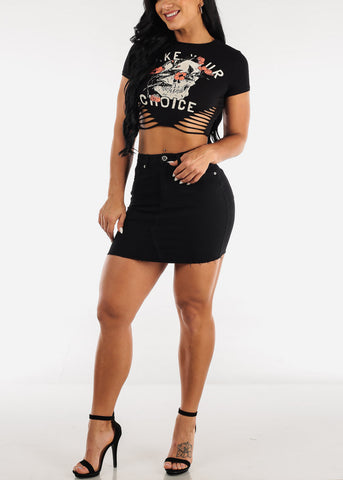 Image of Short Sleeve Cut Out Black Graphic Crop Top "Make Your Choice"