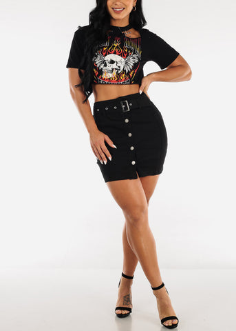Image of Black Short Sleeve Cut Out Vintage Graphic Crop Top
