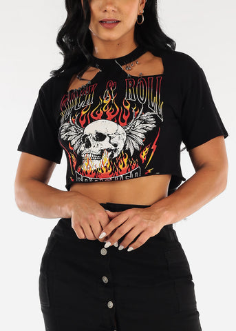Image of Black Short Sleeve Cut Out Vintage Graphic Crop Top