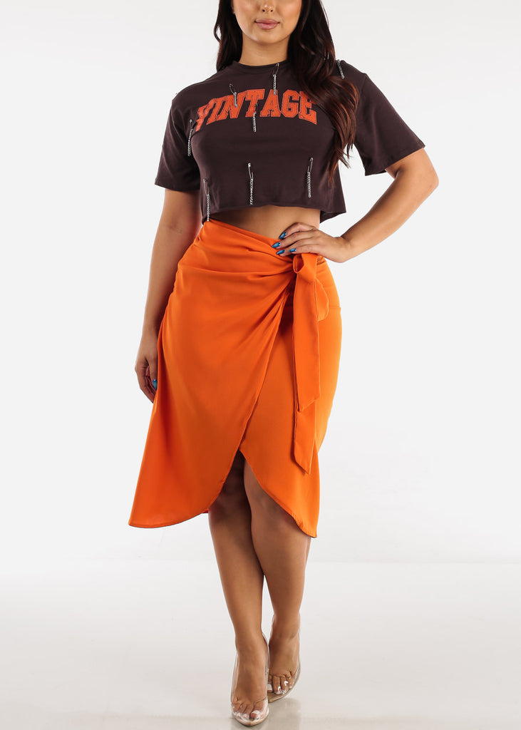 Brown Vintage Graphic Crop Top with Chains