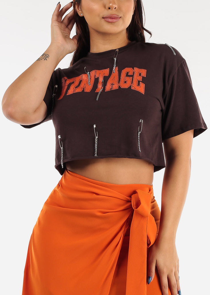 Brown Vintage Graphic Crop Top with Chains