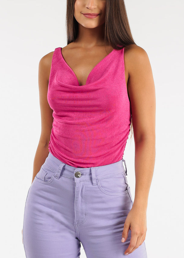 Sleeveless Ruched Sides Cowl Neck Top Fuschia