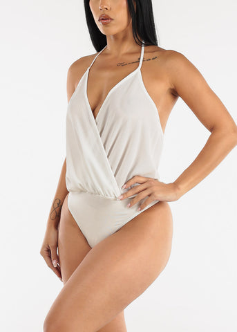 Image of Wrap Front Halter Thong Bodysuit Ivory