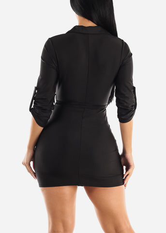 Image of Quarter Sleeve Ruched Satin Mini Shirtdress Black