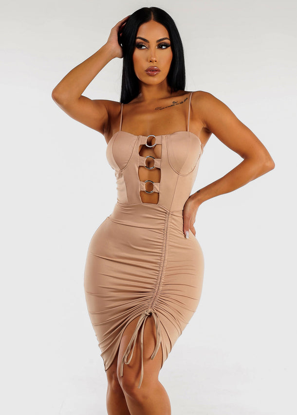 Nude Sleeveless Ruched Bodycon Dress w O-Ring Cut Out
