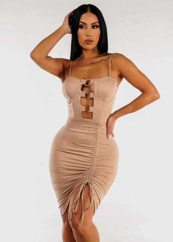 Image of Nude Sleeveless Ruched Bodycon Dress w O-Ring Cut Out