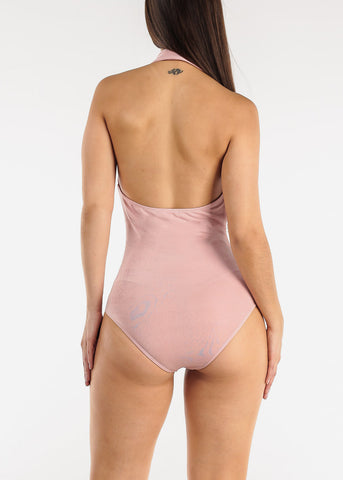 Image of Backless Slinky Button Down Collared Bodysuit Light Pink