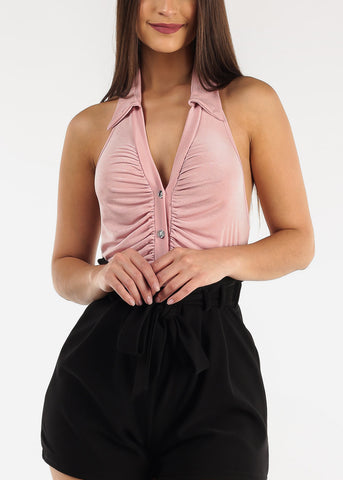 Image of Backless Slinky Button Down Collared Bodysuit Light Pink