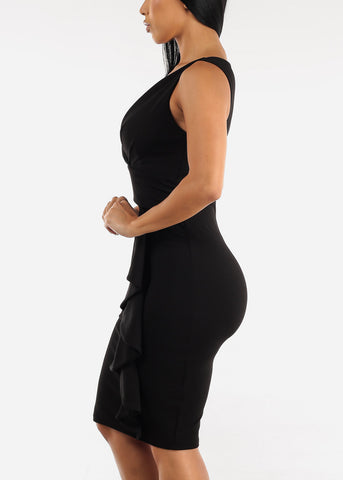 Image of Sleeveless Black Bodycon Dress w Side Ruffle Detail