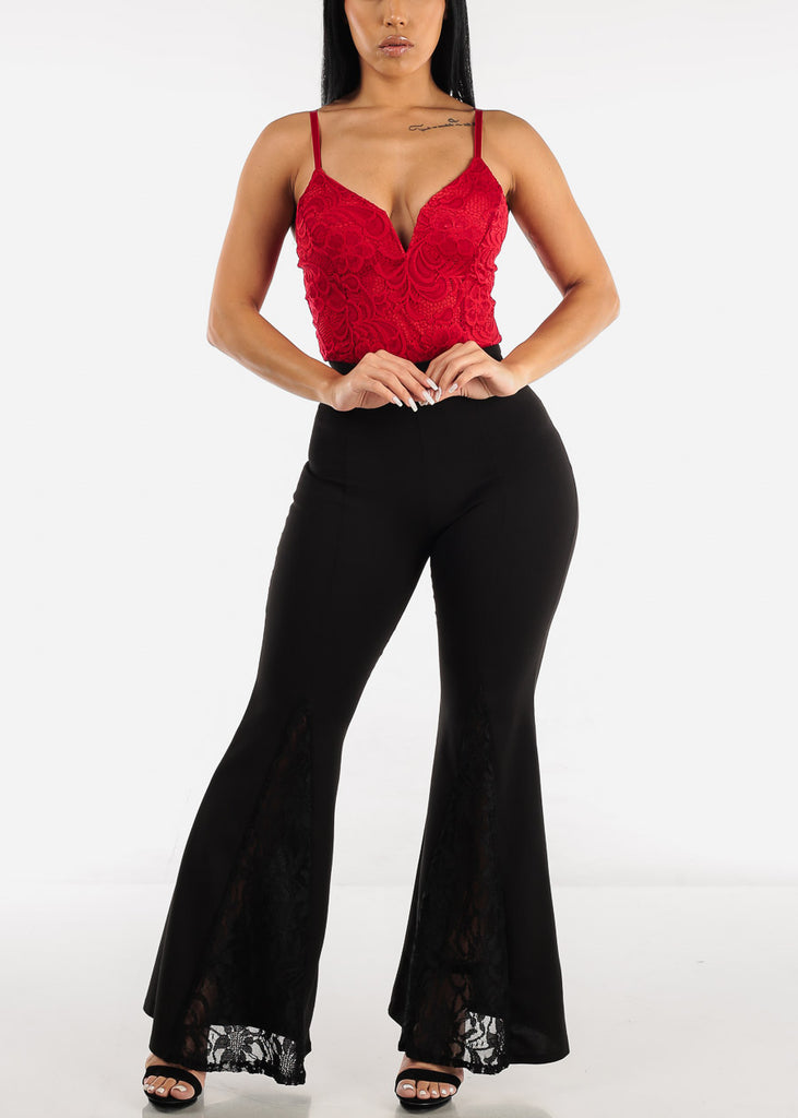 High Waisted Black Flared Pants w Lace Detail