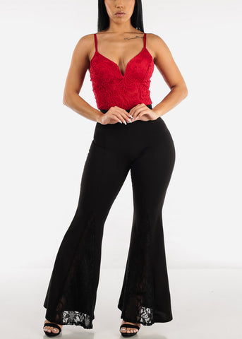 Image of High Waisted Black Flared Pants w Lace Detail