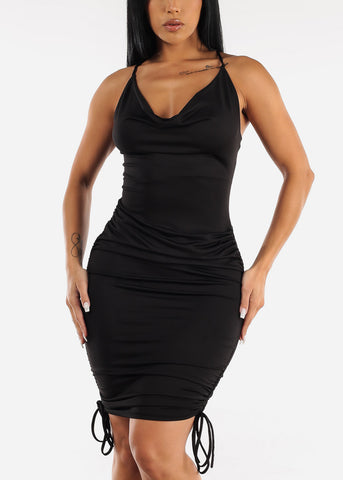 Image of Black Sleeveless Drawstring Ruched Bodycon Dress