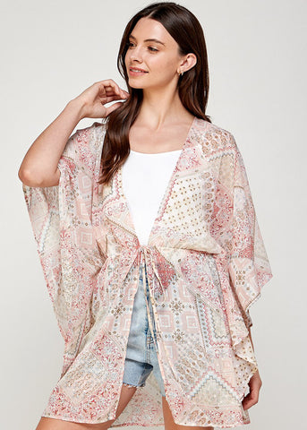 Image of Drawstring Waist Pink Floral Kimono