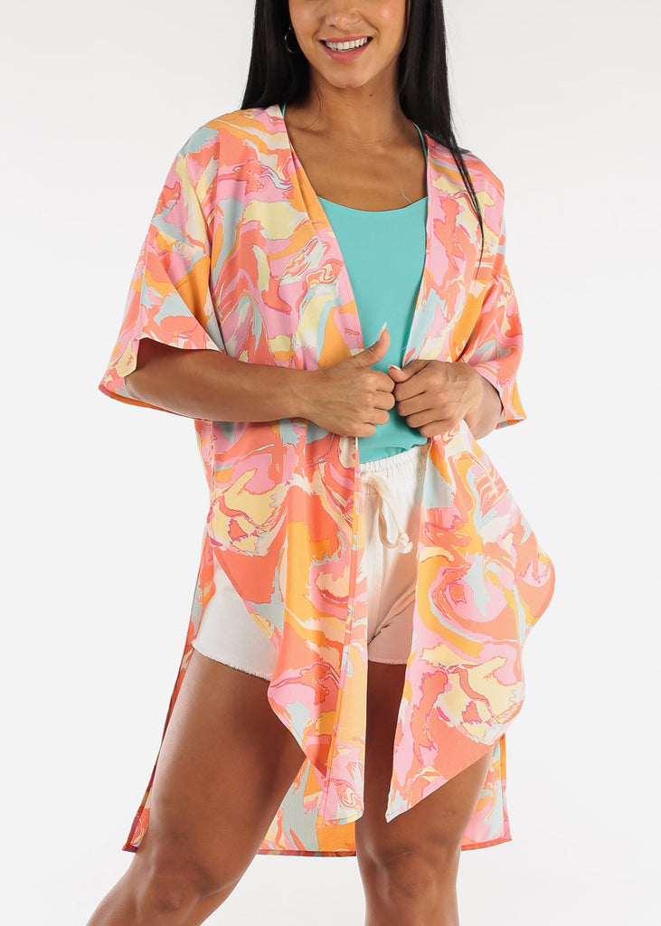 Colorful Printed Bell Sleeve Kimono w Side Slits